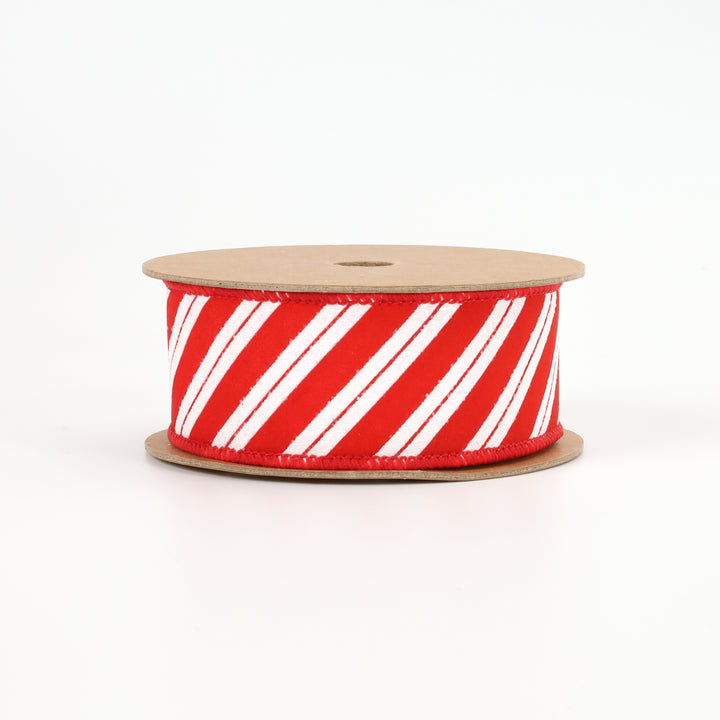 1 1/2" Wired Ribbon | "Glitter Striped" White/Red | 10 Yard Roll