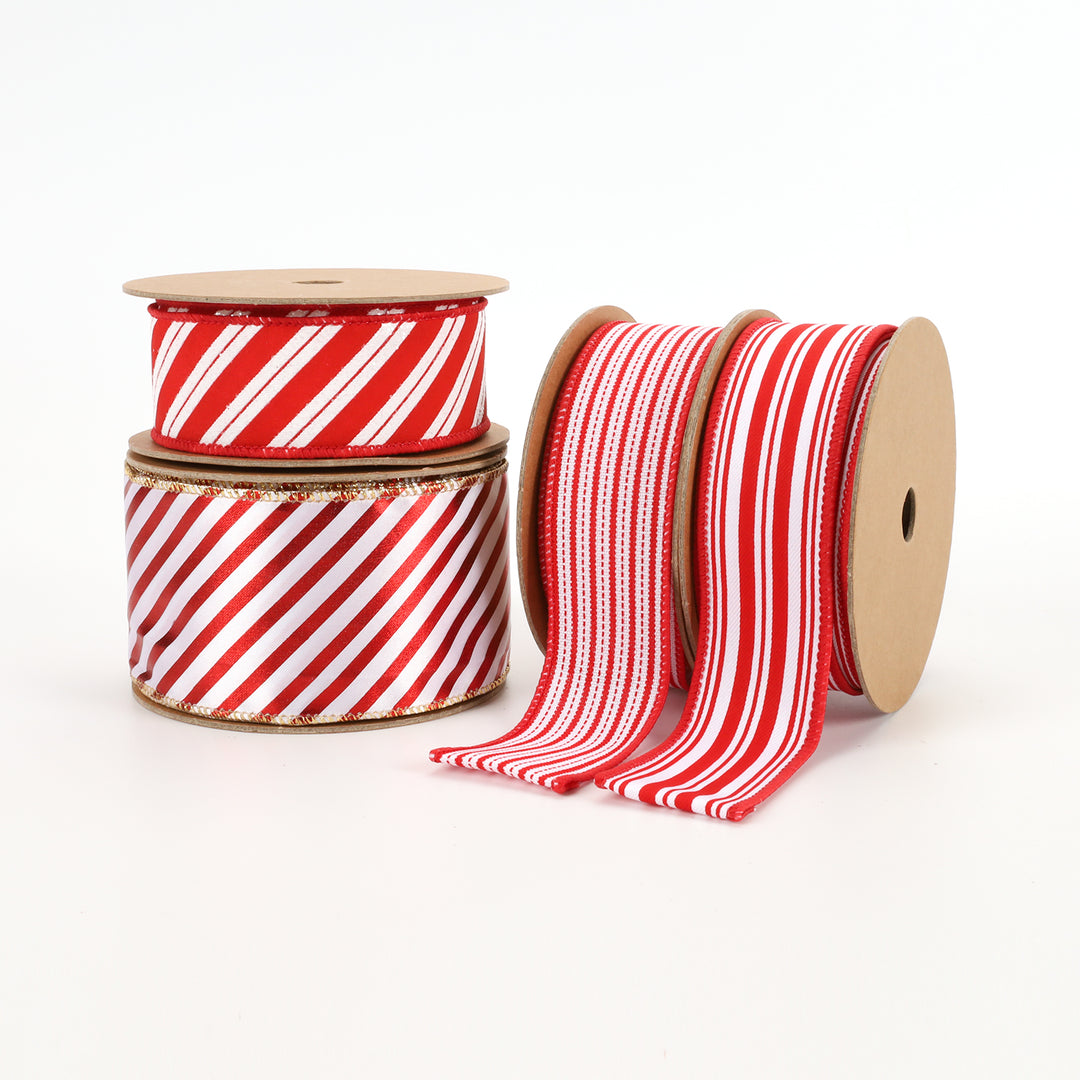 1 1/2" Wired Ribbon | "Glitter Striped" White/Red | 10 Yard Roll