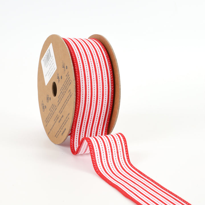 1 1/2" Wired Ribbon | "Mini Striped" White/Red | 10 Yard Roll