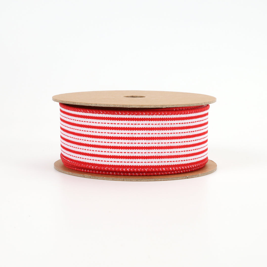 1 1/2" Wired Ribbon | "Mini Striped" White/Red | 10 Yard Roll