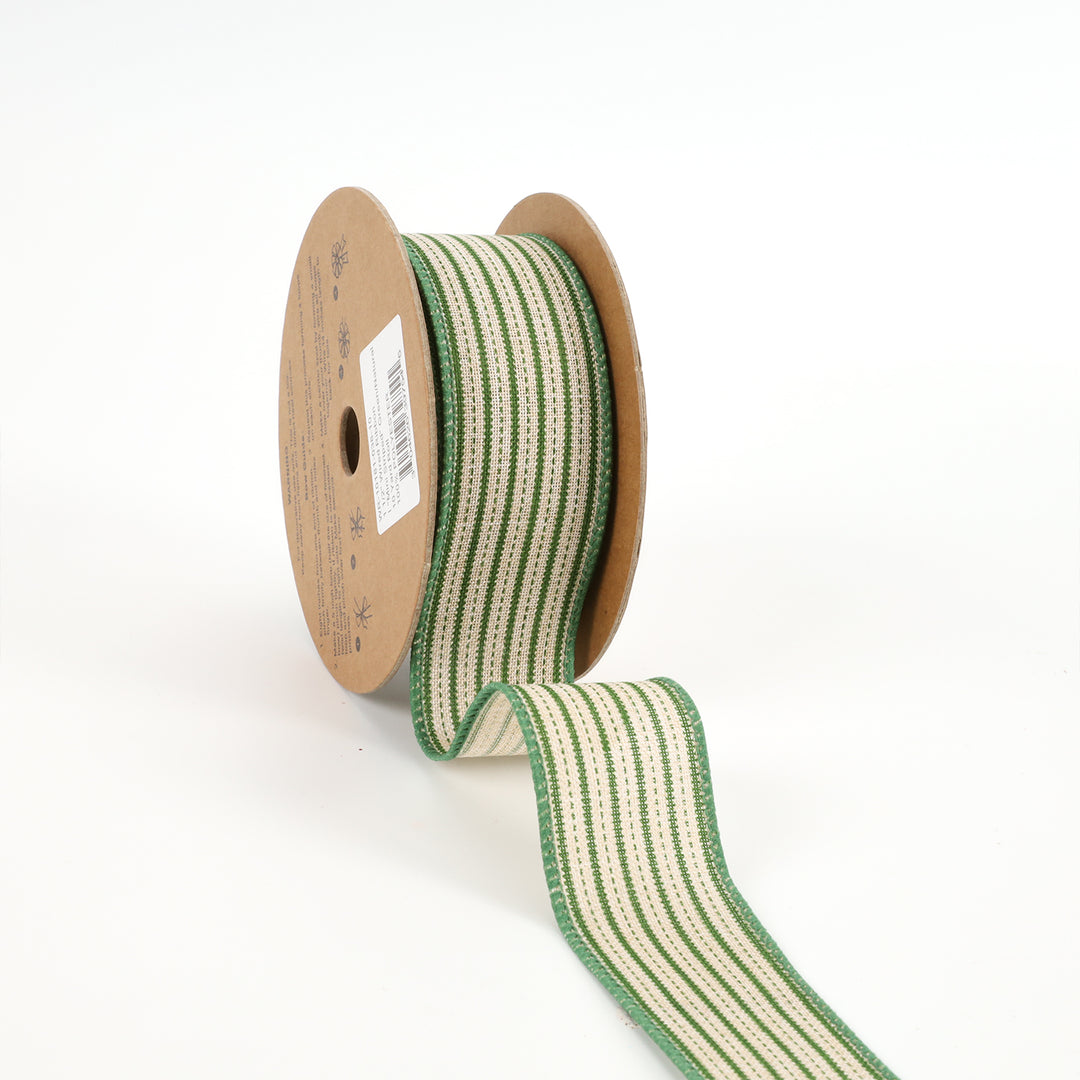 1 1/2" Wired Ribbon | "Mini Striped" Natural/Green | 10 Yard Roll