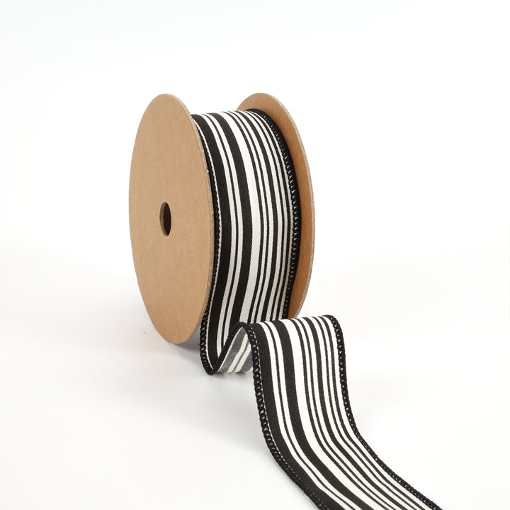 1 1/2" Wired Ribbon | "Striped" Black/White | 10 Yard Roll