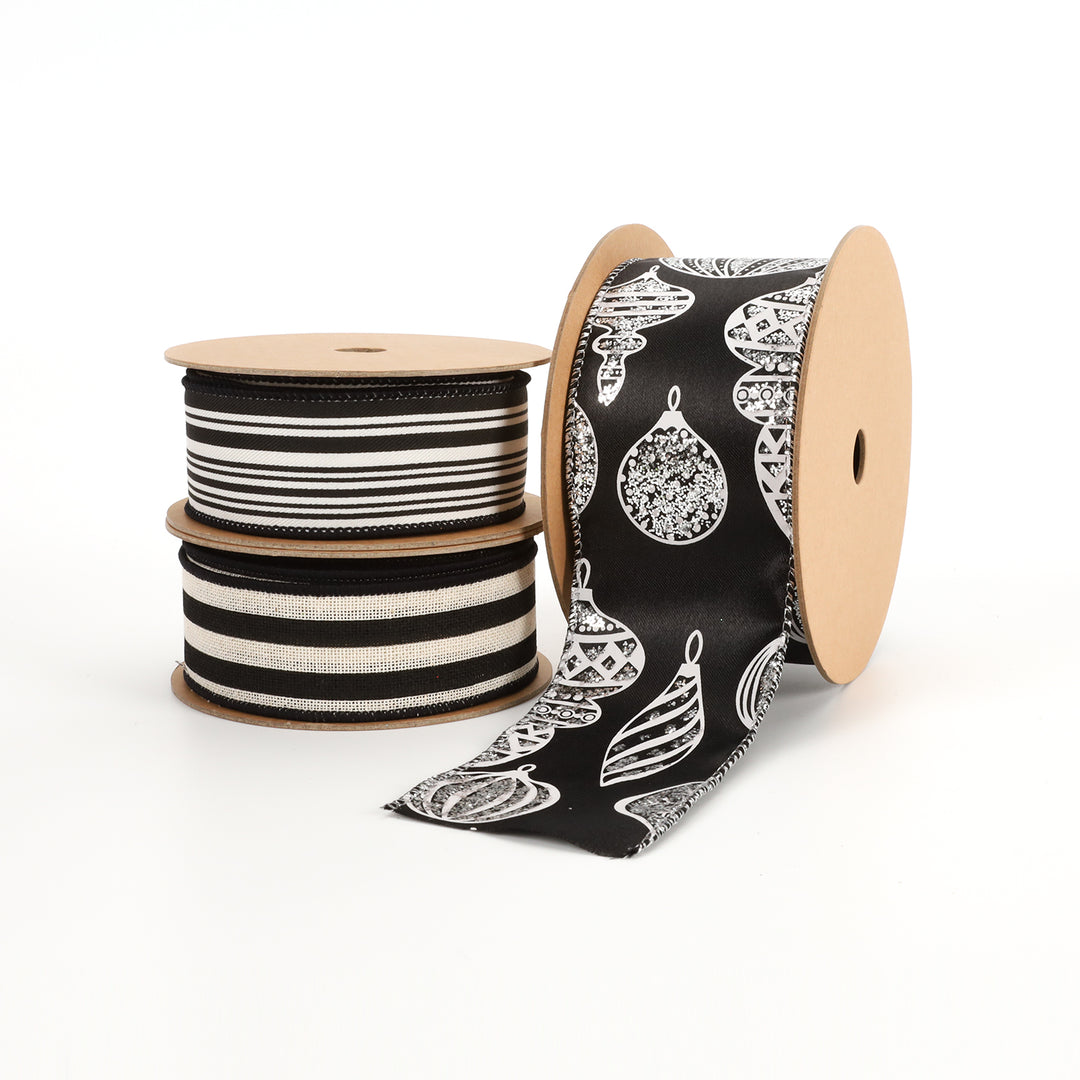 1 1/2" Wired Ribbon | "Striped" Black/White | 10 Yard Roll