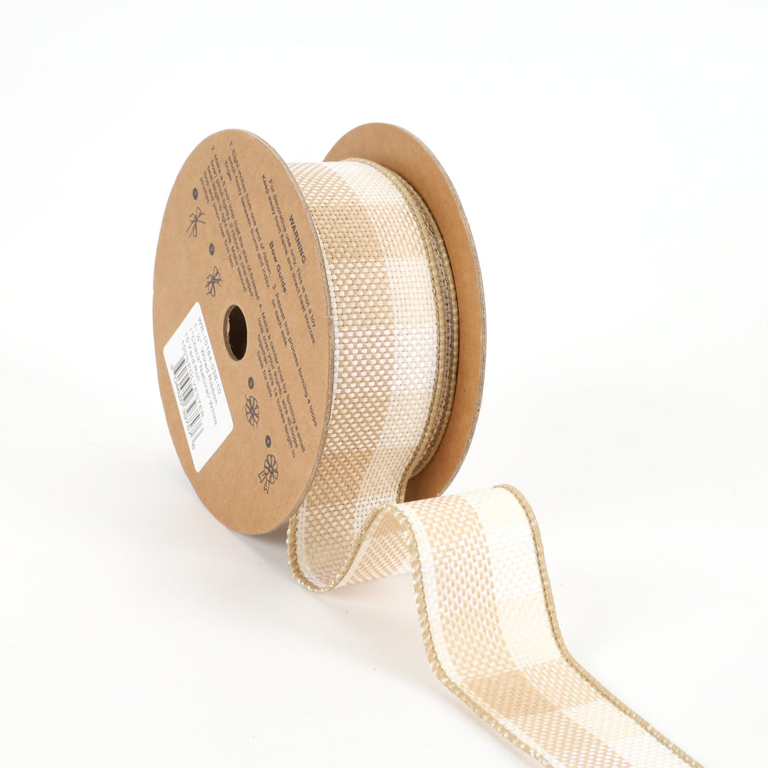 1 1/2" Wired Ribbon | "Check" Natural/White | 10 Yard Roll