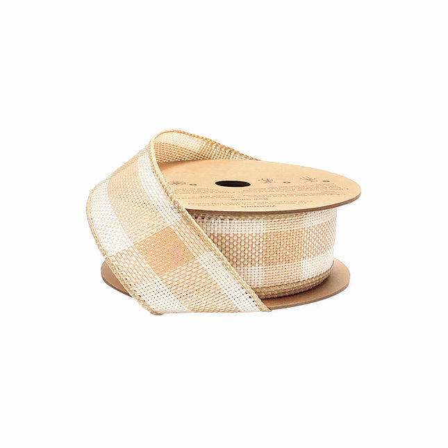 1 1/2" Wired Ribbon | "Check" Natural/White | 10 Yard Roll LaRibbons and Crafts