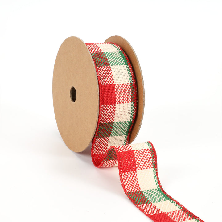 1 1/2" Wired Ribbon | "Check" White/Red/Green | 10 Yard Roll