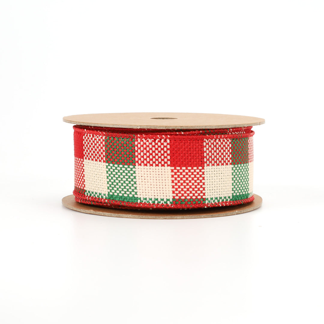 1 1/2" Wired Ribbon | "Check" White/Red/Green | 10 Yard Roll