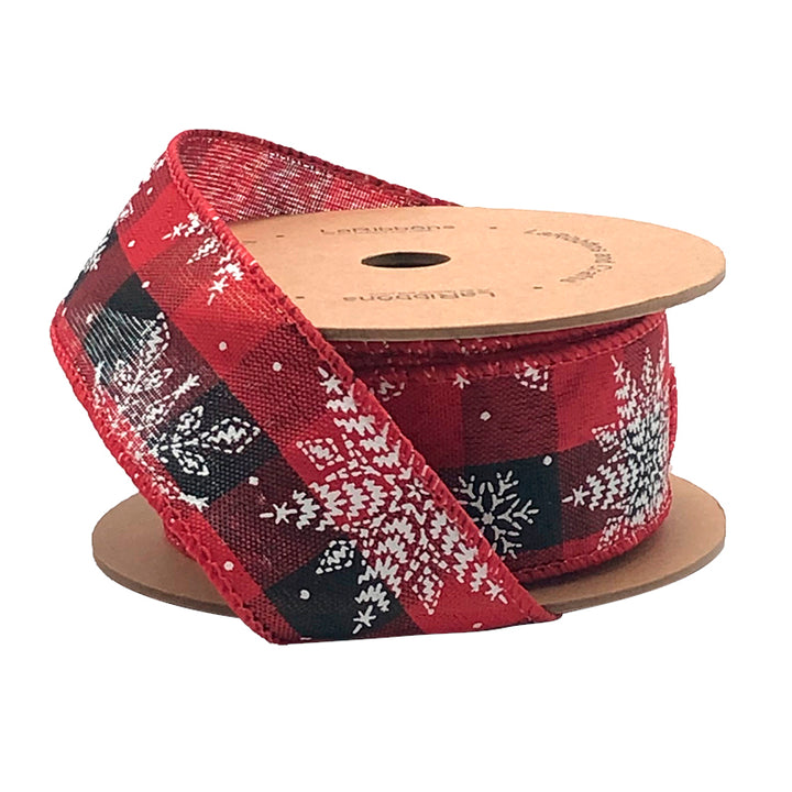 1 1/2" Wired Ribbon | "Check Snowflake" Black/Red/White | 10 Yard Roll