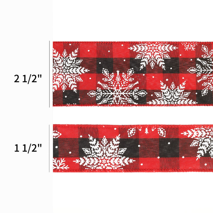 1 1/2" Wired Ribbon | "Check Snowflake" Black/Red/White | 10 Yard Roll