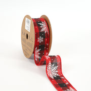 1 1/2" Wired Ribbon | "Check Snowflake" Black/Red/White | 10 Yard Roll