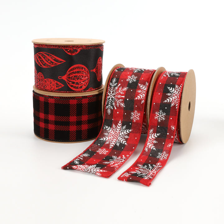 1 1/2" Wired Ribbon | "Check Snowflake" Black/Red/White | 10 Yard Roll