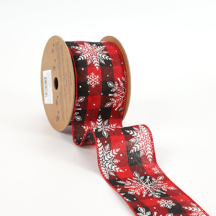 2 1/2" Wired Ribbon | "Check Snowflake" Black/Red/White | 10 Yard Roll