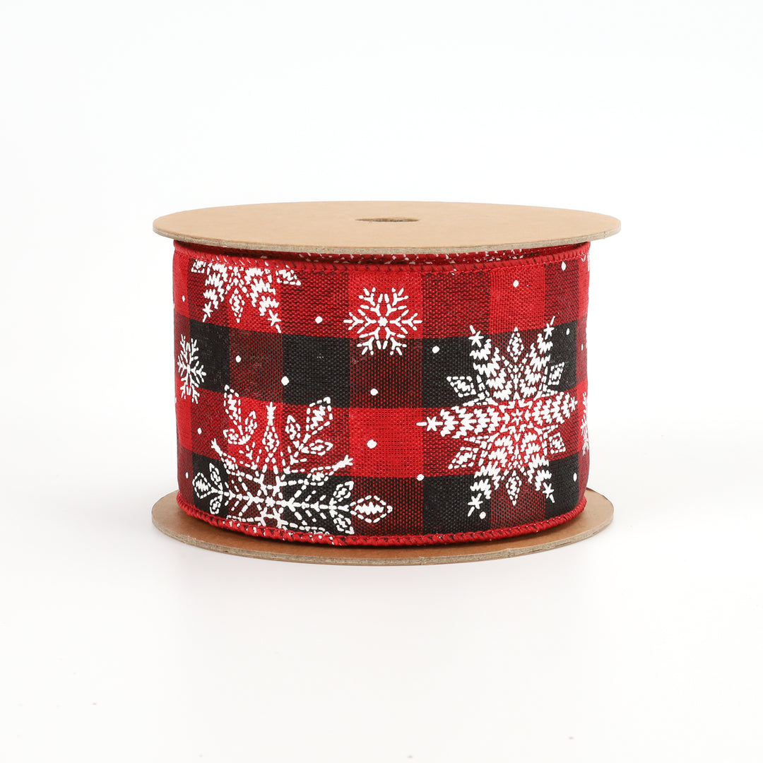 2 1/2" Wired Ribbon | "Check Snowflake" Black/Red/White | 10 Yard Roll