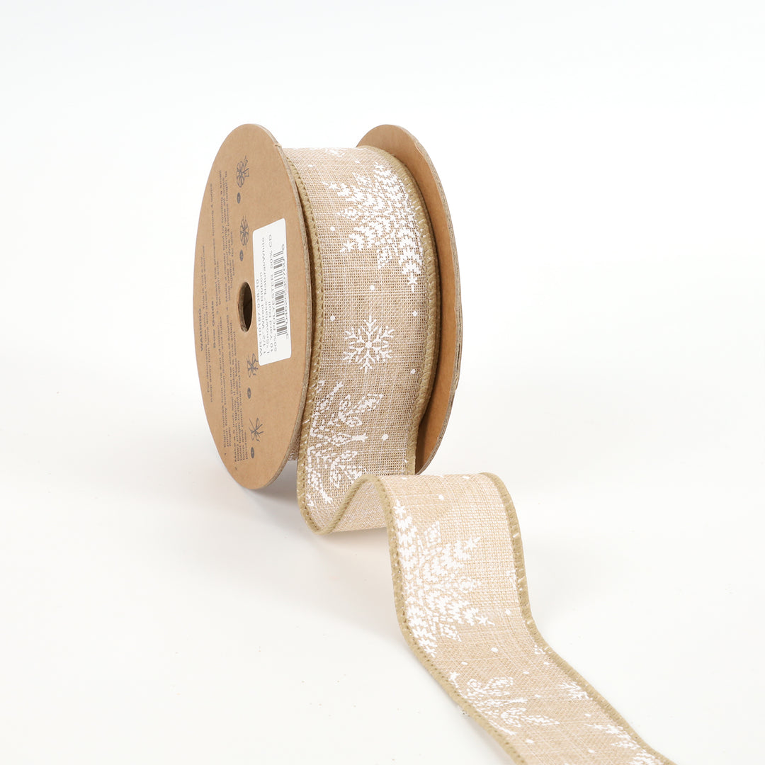 1 1/2" Wired Ribbon | "Snowflake" Natural/White | 10 Yard Roll