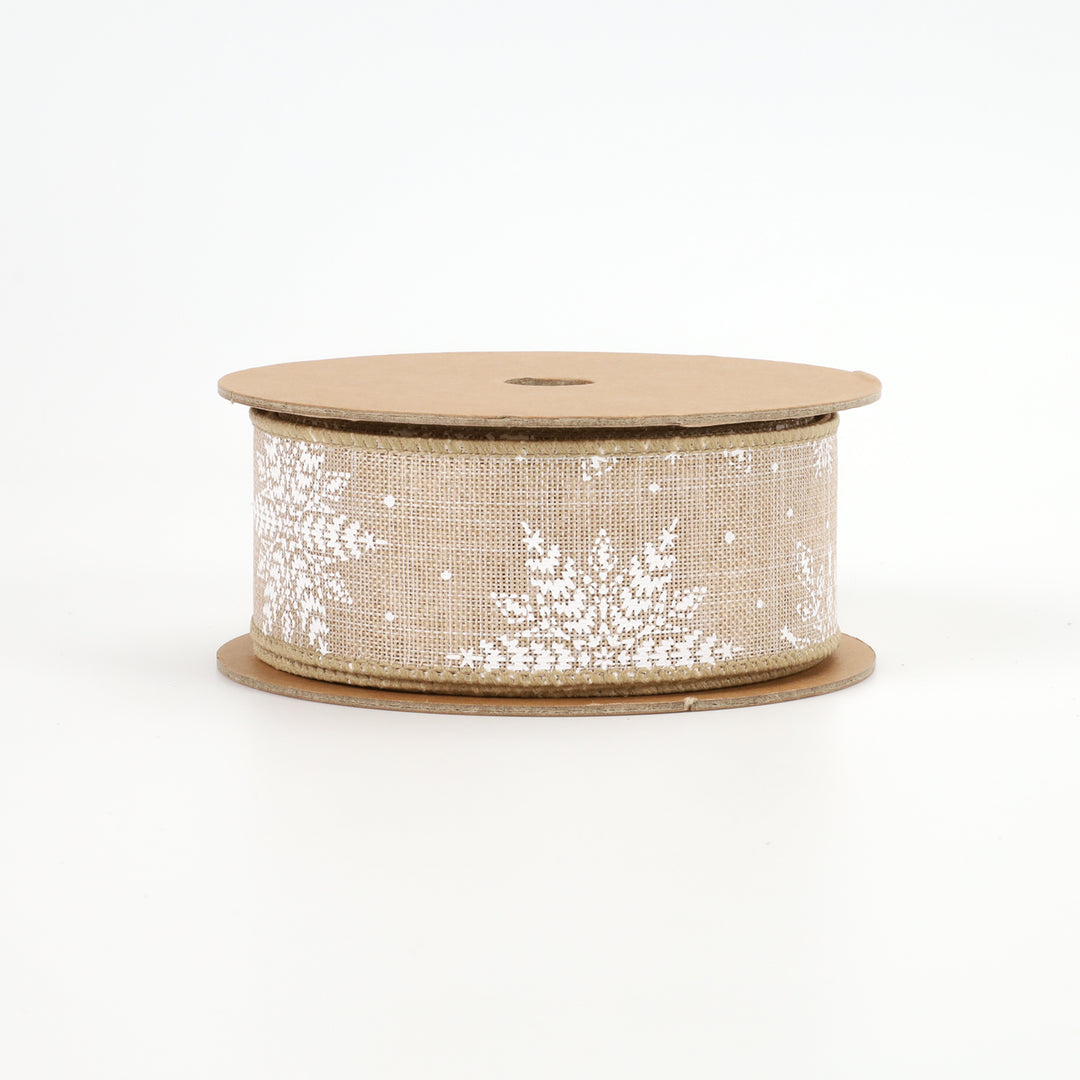 1 1/2" Wired Ribbon | "Snowflake" Natural/White | 10 Yard Roll