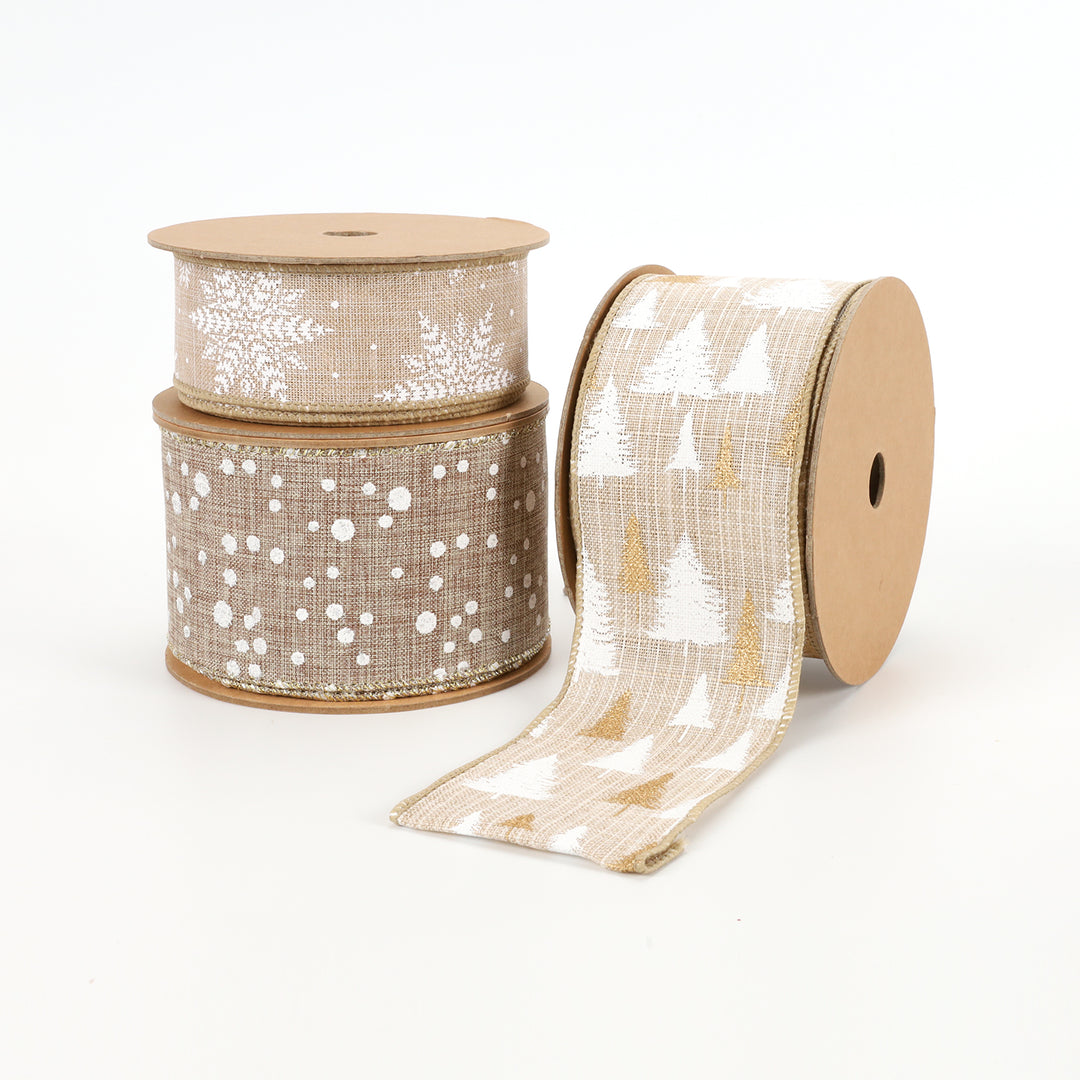 1 1/2" Wired Ribbon | "Snowflake" Natural/White | 10 Yard Roll