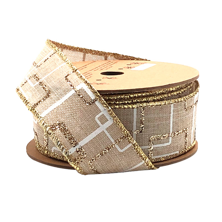 1 1/2" Wired Ribbon | "Glitter Geometric" Natural/Gold/White | 10 Yard Roll