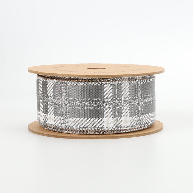 1 1/2" Wired Ribbon | "Metallic Check" Grey/Multi | 10 Yard Roll