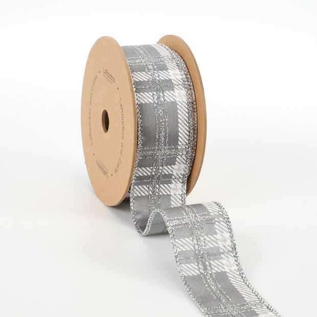 1 1/2" Wired Ribbon | "Metallic Check" Grey/Multi | 10 Yard Roll