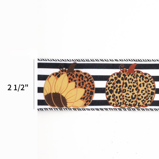 2 1/2" Wired Ribbon | "Pumpkin Sunflower Striped" Black/Multi | 10 Yard Roll