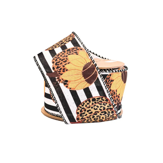 2 1/2" Wired Ribbon | "Pumpkin Sunflower Striped" Black/Multi | 10 Yard Roll LaRibbons and Crafts