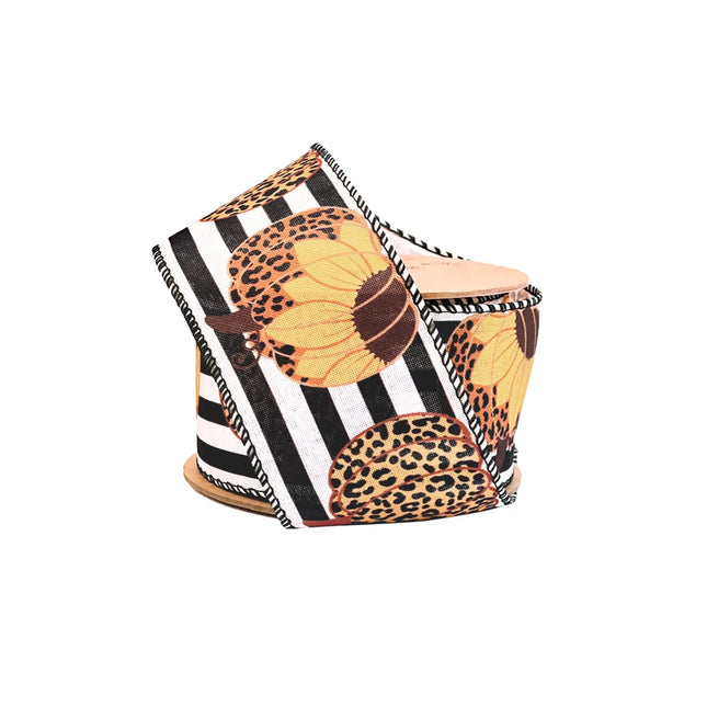 2 1/2" Wired Ribbon | "Pumpkin Sunflower Striped" Black/Multi | 10 Yard Roll LaRibbons and Crafts