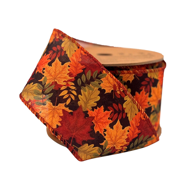 2 1/2" Wired Ribbon | "Maple Leaf" Black/Multi | 10 Yard Roll - 35% OFF