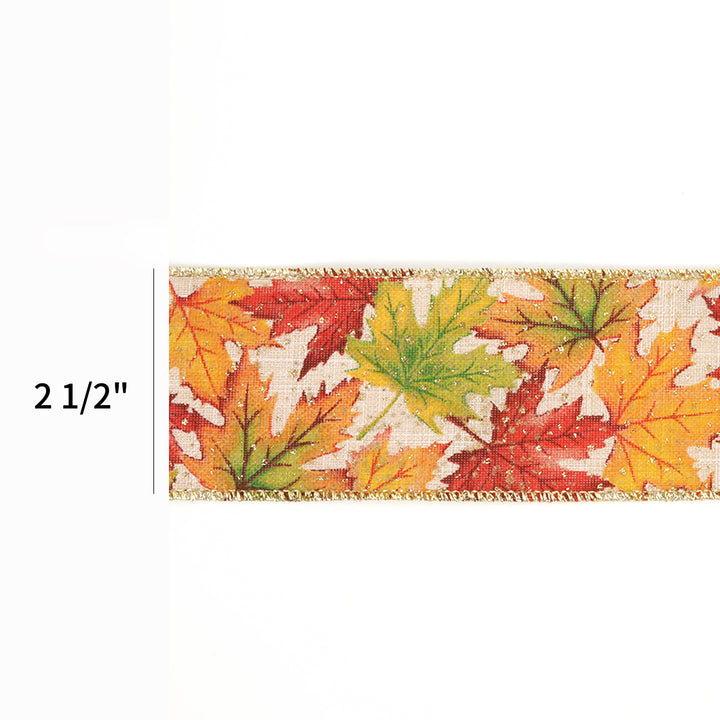 2 1/2" Wired Ribbon | "Maple Leaf" Natural/Multi | 10 Yard Roll - 50% OFF