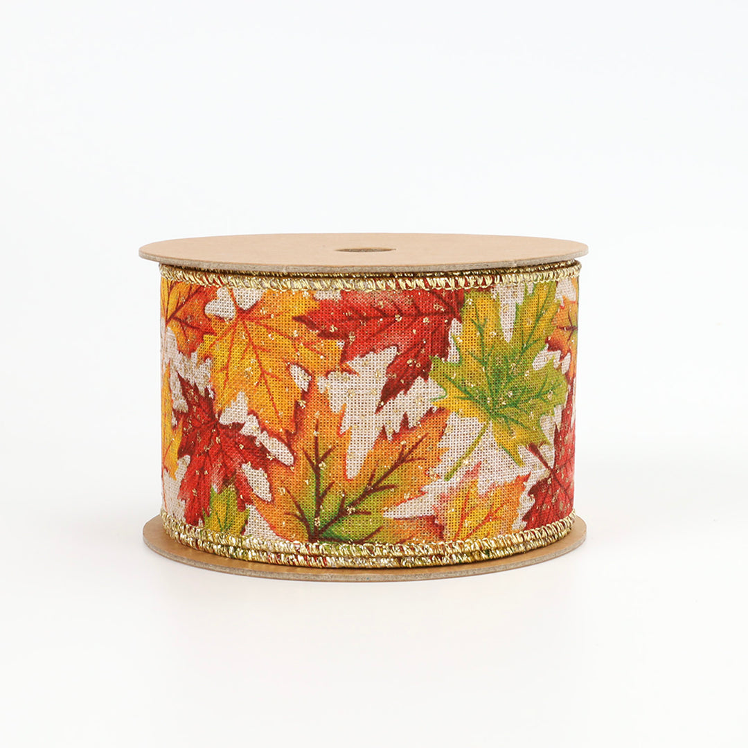 2 1/2" Wired Ribbon | "Maple Leaf" Natural/Multi | 10 Yard Roll - 50% OFF