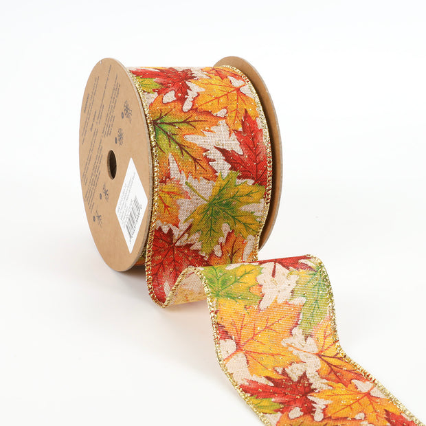 2 1/2" Wired Ribbon | "Maple Leaf" Natural/Multi | 10 Yard Roll