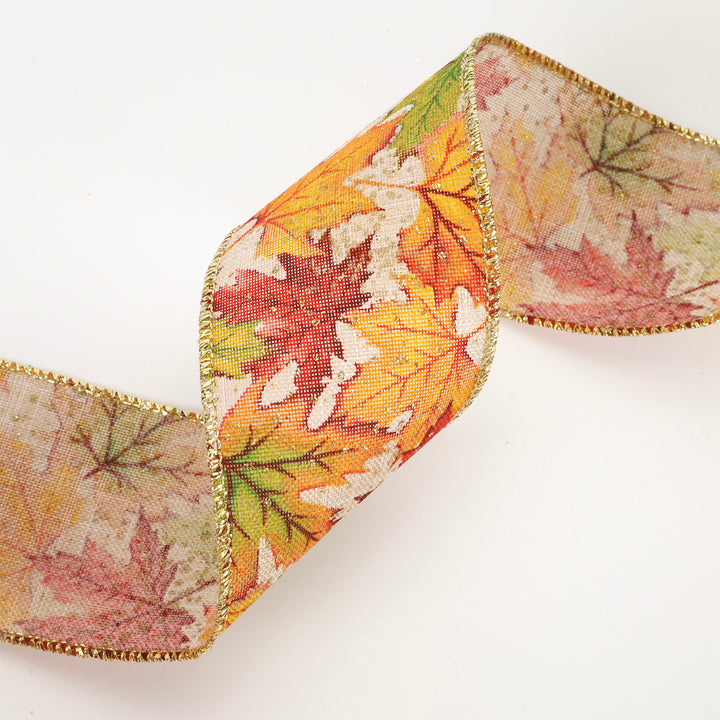 2 1/2" Wired Ribbon | "Maple Leaf" Natural/Multi | 10 Yard Roll - 50% OFF