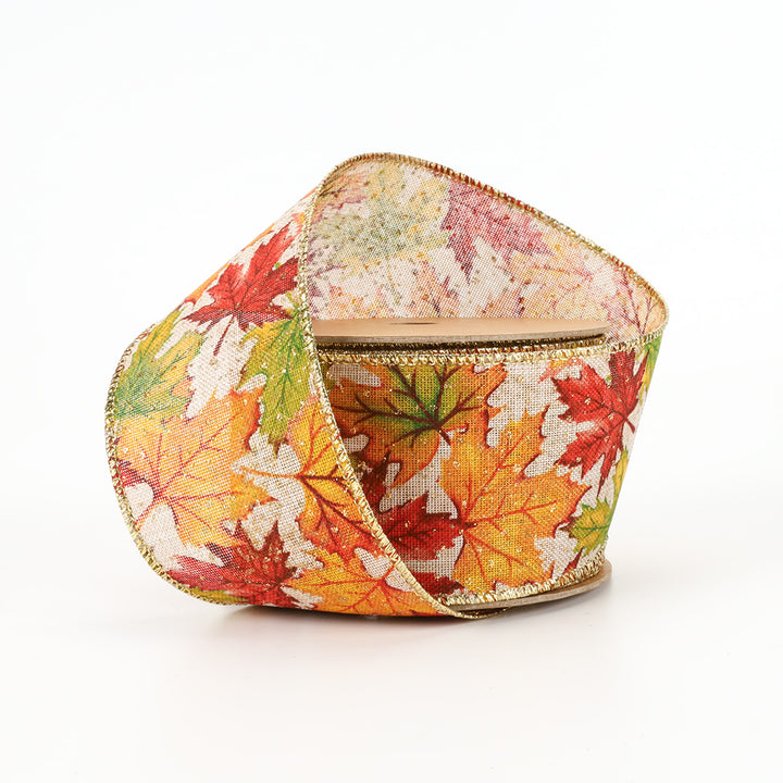 2 1/2" Wired Ribbon | "Maple Leaf" Natural/Multi | 10 Yard Roll - 50% OFF