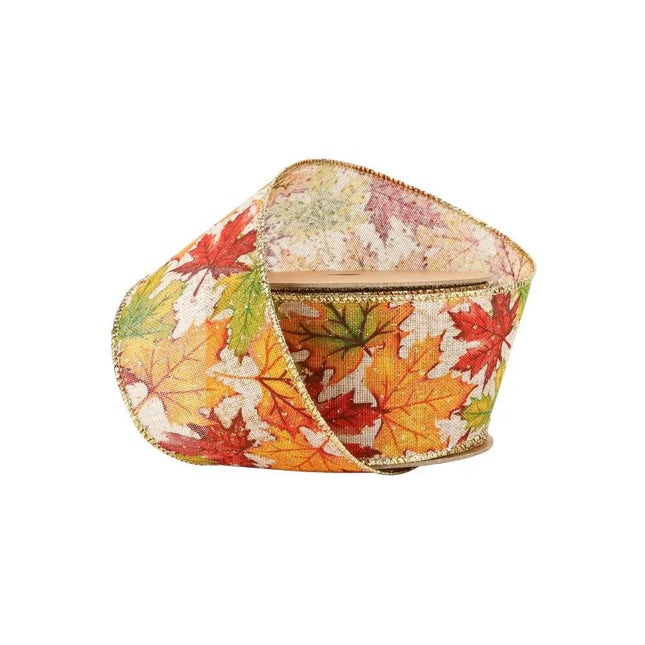 2 1/2" Wired Ribbon | "Maple Leaf" Natural/Multi | 10 Yard Roll LaRibbons and Crafts