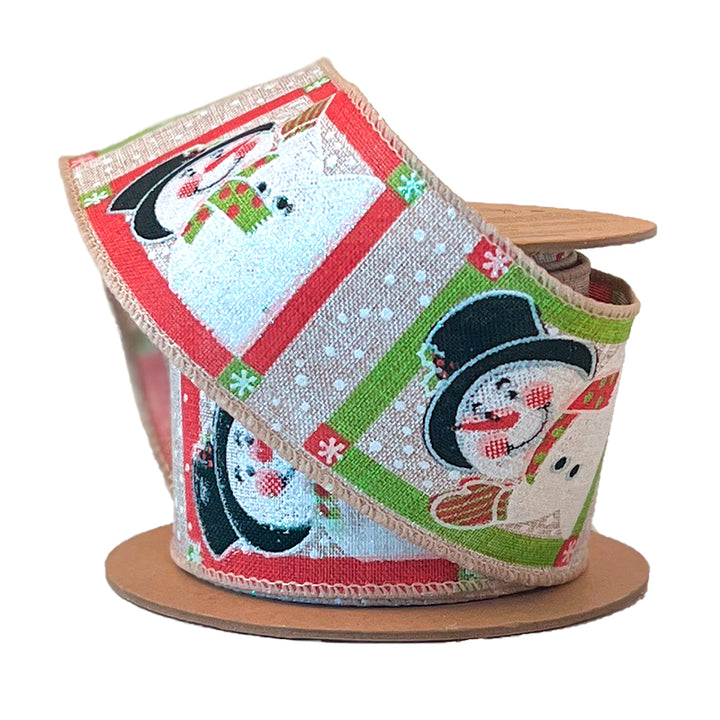 2 1/2" Wired Ribbon | "Snowman" Natural/Multi | 10 Yard Roll