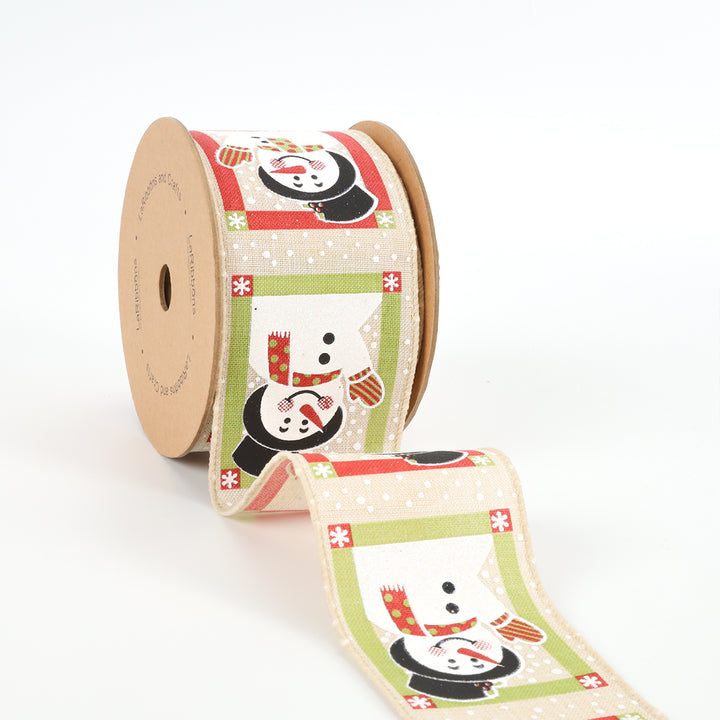 2 1/2" Wired Ribbon | "Snowman" Natural/Multi | 10 Yard Roll