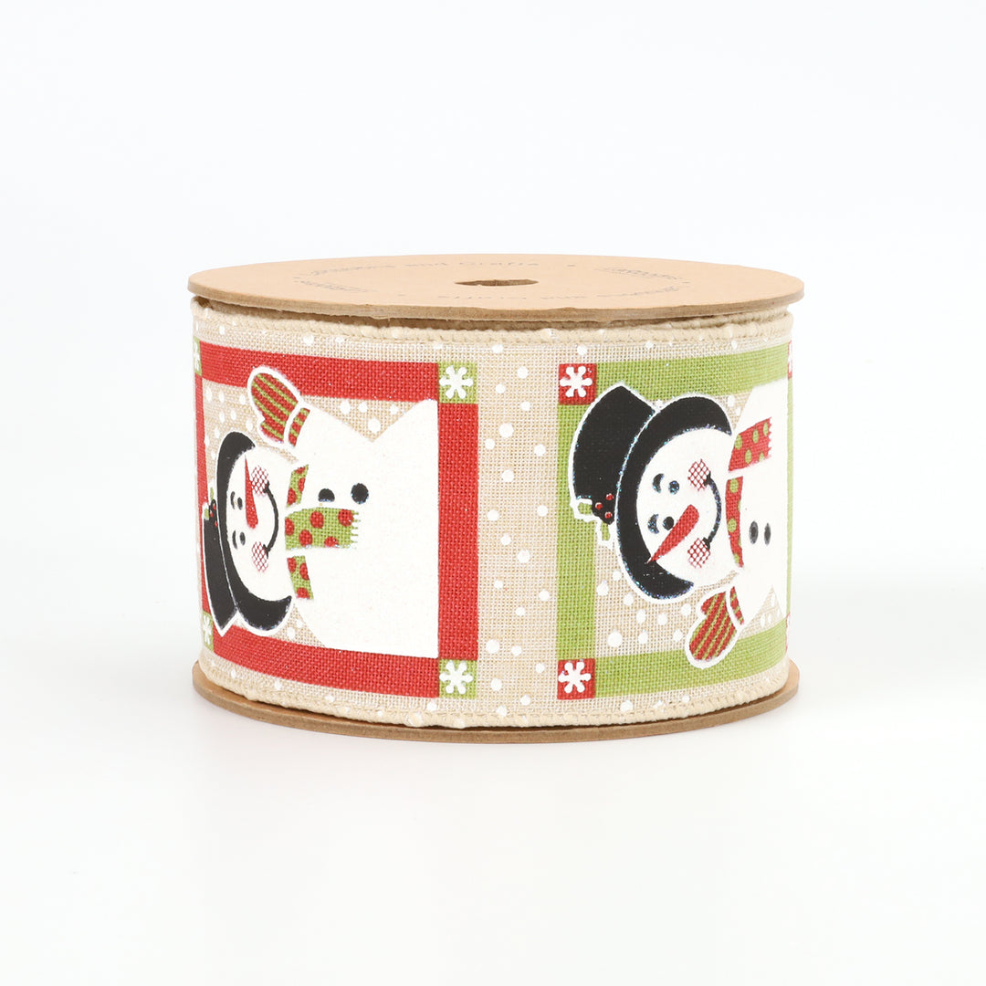 2 1/2" Wired Ribbon | "Snowman" Natural/Multi | 10 Yard Roll