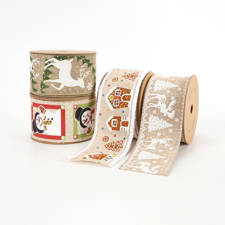 2 1/2" Wired Ribbon | "Snowman" Natural/Multi | 10 Yard Roll