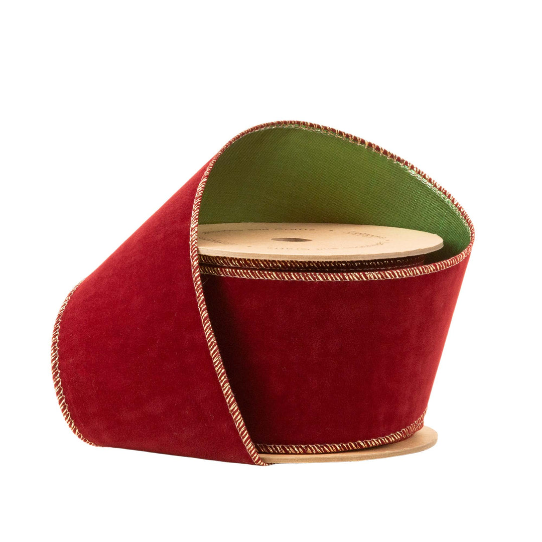 2 1/2" Reversible Flat Velvet/Lurex Wired Ribbon | Cranberry/Green LaRibbons and Crafts
