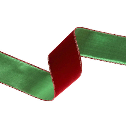 Twisted reversible ribbon: red velvet & green, delicate stitching, adds festive charm to crafts.