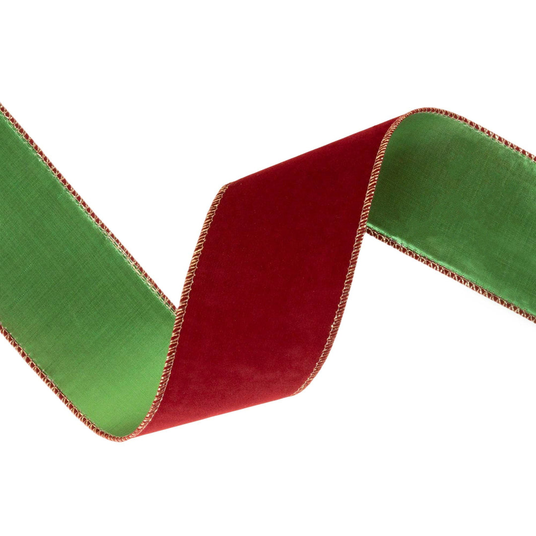 2 1/2" Reversible Flat Velvet/Lurex Wired Ribbon | Cranberry/Green LaRibbons and Crafts