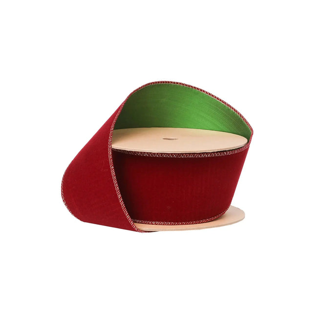 2 1/2" Reversible Flat Velvet/Lurex Wired Ribbon | Cranberry/Green LaRibbons and Crafts