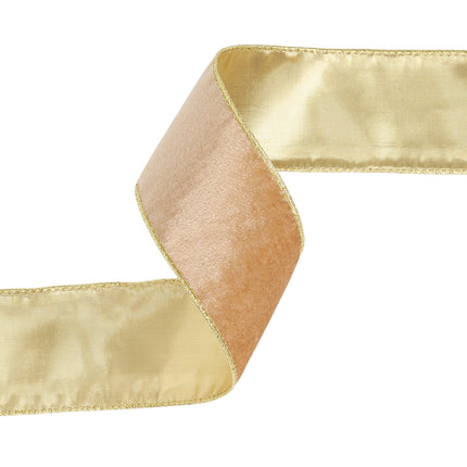 Reversible velvet wired ribbon in gold, perfect for holiday crafting, decor, and adding a glamorous element to gifts.