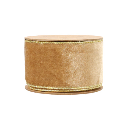 Reversible velvet wired ribbon in gold, ideal for Christmas decor, gift wrapping, and festive crafting.