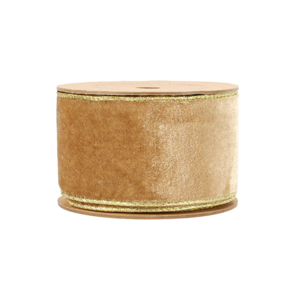 A roll of 2 1/2" gold velvet wired ribbon, featuring soft velvet and gold trim, ideal for sophisticated festive arrangements.