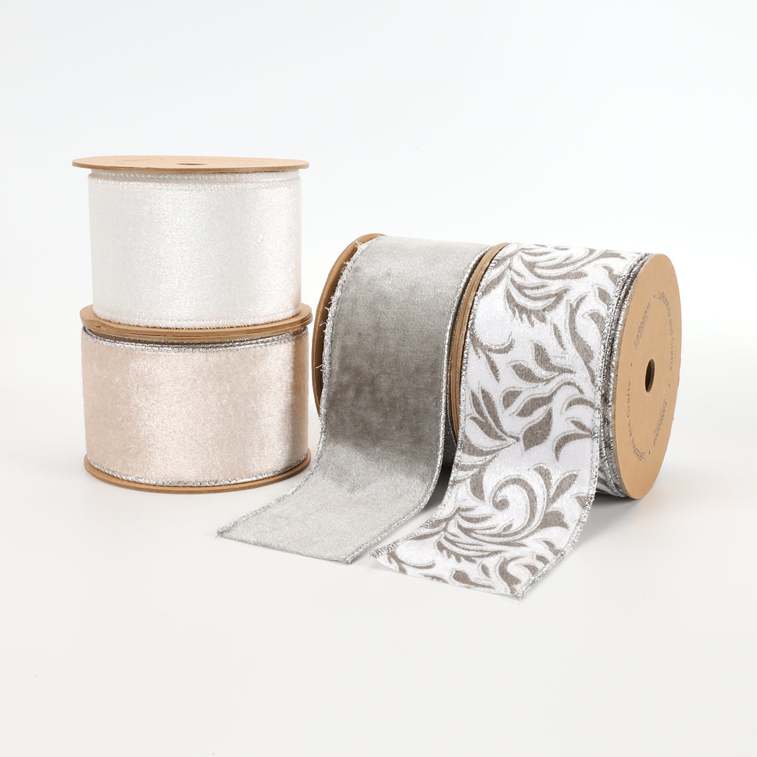 2 1/2"Reversible Velvet/Lurex Wired Ribbon | Champagne/Silver