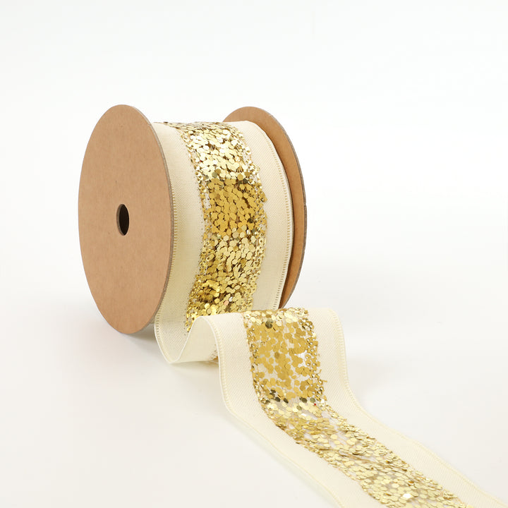 2 1/2" Wired Ribbon | "Metallic Striped" Ivory/Gold | 10 Yard Roll