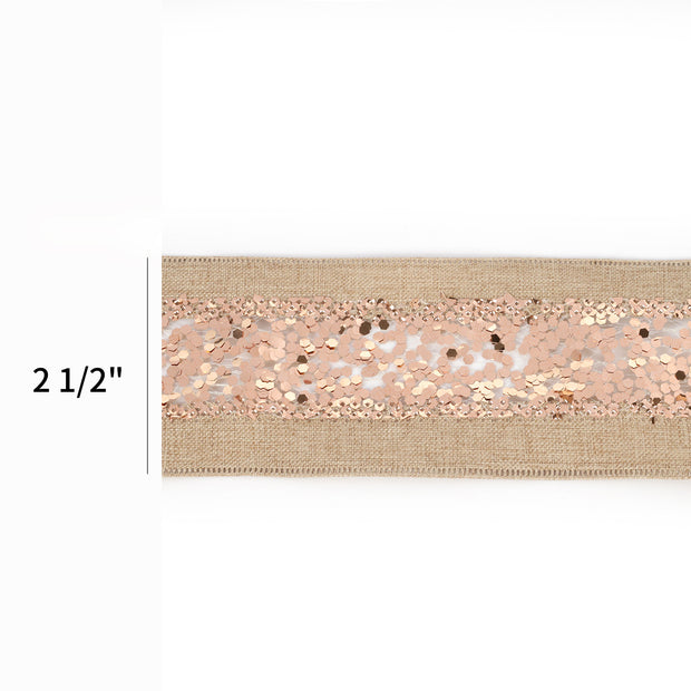 2 1/2" Wired Ribbon | "Metallic Striped" Natural/Bronze | 10 Yard Roll