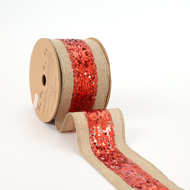 2 1/2" Wired Ribbon | "Metallic Striped" Natural/Red | 10 Yard Roll