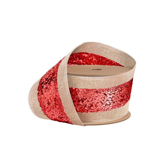 2 1/2" Wired Ribbon | "Metallic Striped" Natural/Red | 10 Yard Roll LaRibbons and Crafts