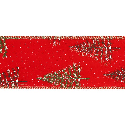 Red ribbon detail: green Christmas trees, snowflakes, gold trim, vivid pattern.